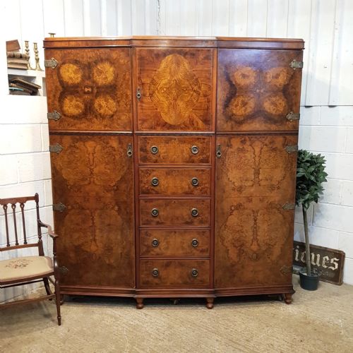 Antique Burr Walnut Triple Wardrobe C1920