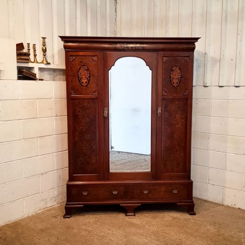 fig 1. ANTIQUE EDWARDIAN INLAID BURR WALNUT TRIPLE WARDROBE C 1900