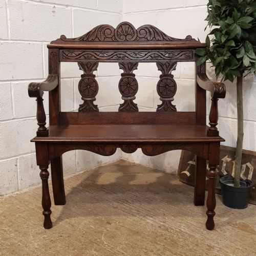 Antique Victorian Carved Oak Small Hall Seat Bench C1880