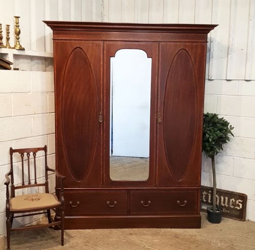 Antique Edwardian Mahogany Inlaid Triple Wardrobe C1900