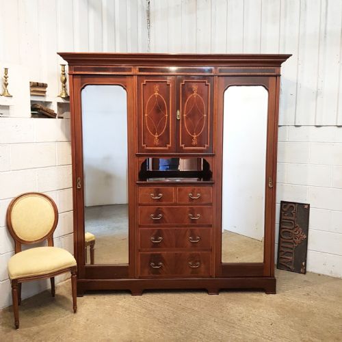 Antique Edwardian Inlaid Mahogany Triple Wardrobe C1900
