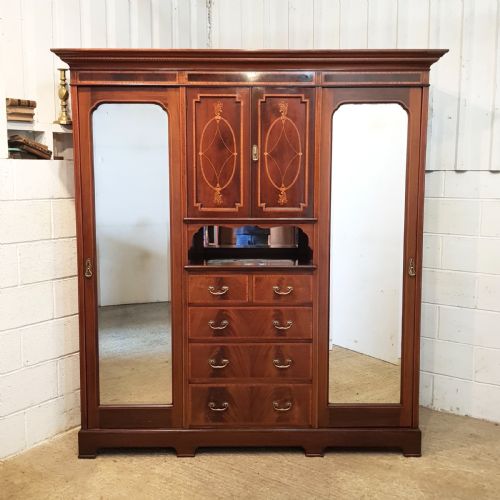 fig 1. ANTIQUE EDWARDIAN INLAID MAHOGANY TRIPLE WARDROBE C1900