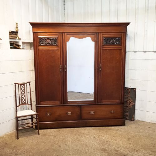 Antique Late Victorian Mahogany Triple Wardrobe C1890