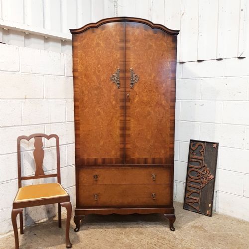 Antique Burr Walnut Tallboy Wardrobe C1920