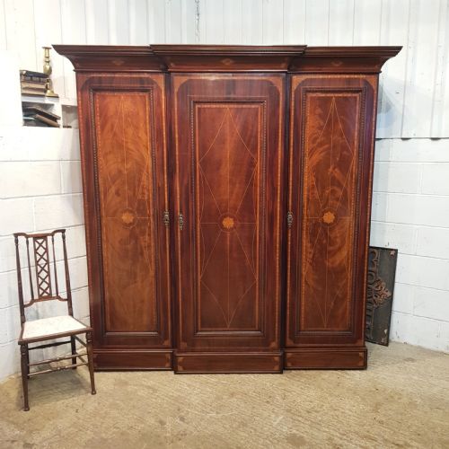 Antique Late Victorian Regency Inlaid Mahogany Triple Breakfront Wardrobe C1890