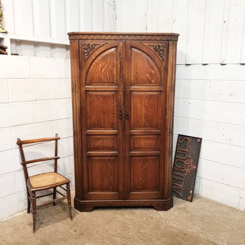 Antique Small Carved Oak Double Wardrobe C1920