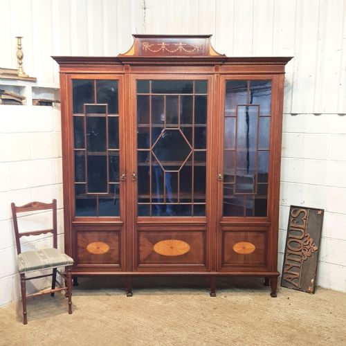 Antique Edwardian Large Inlaid Mahogany Astragal Glazd Bookcase C1900