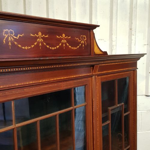 fig 1. ANTIQUE EDWARDIAN LARGE INLAID MAHOGANY ASTRAGAL GLAZD BOOKCASE C1900