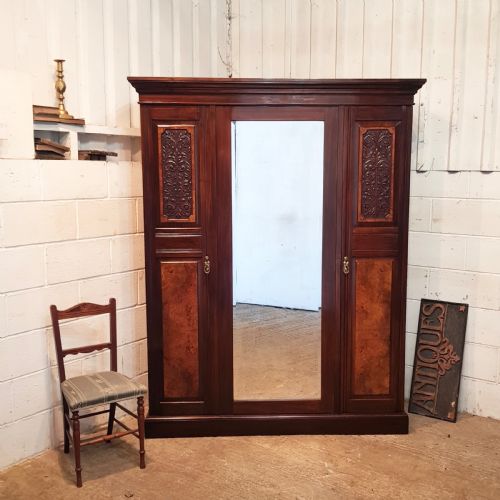 Antique Small Edwardian Art Nouveau Mahogany & Walnut Triple Wardrobe C1900
