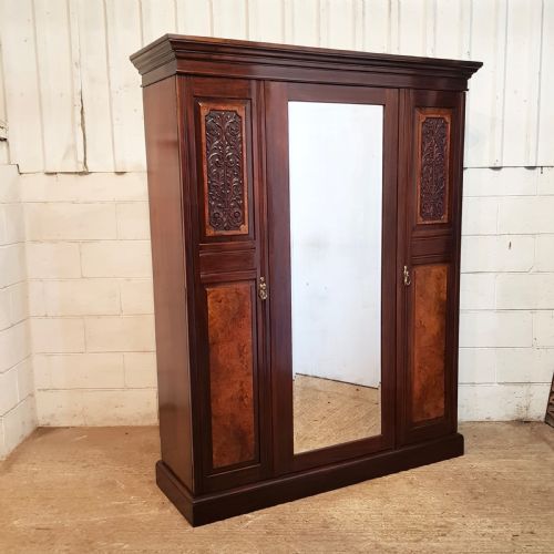 fig 1. ANTIQUE SMALL EDWARDIAN ART NOUVEAU MAHOGANY & WALNUT TRIPLE WARDROBE C1900