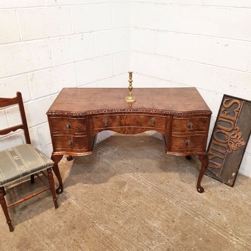 Antique Burr Walnut Serpentine Shaped Desk C1920