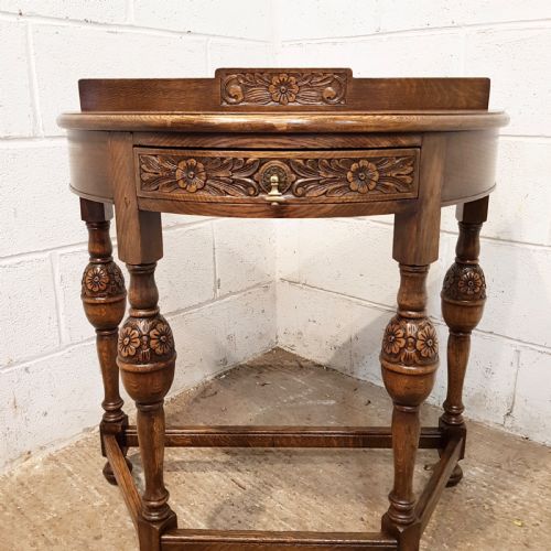 fig 1. ANTIQUE CARVED OAK MAPLES DEMI LUNE SIDE TABLE C1920