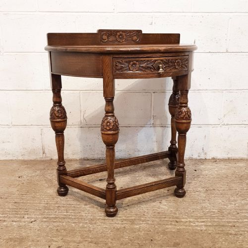 fig 2. ANTIQUE CARVED OAK MAPLES DEMI LUNE SIDE TABLE C1920