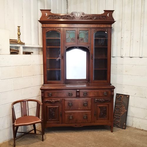 Antique Tall Art Nouveau Mahogany and Walnut Sideboard C1890