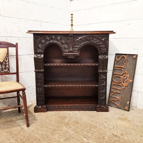 Antique Victorian Carved Gothic Oak Open Bookcase C1880