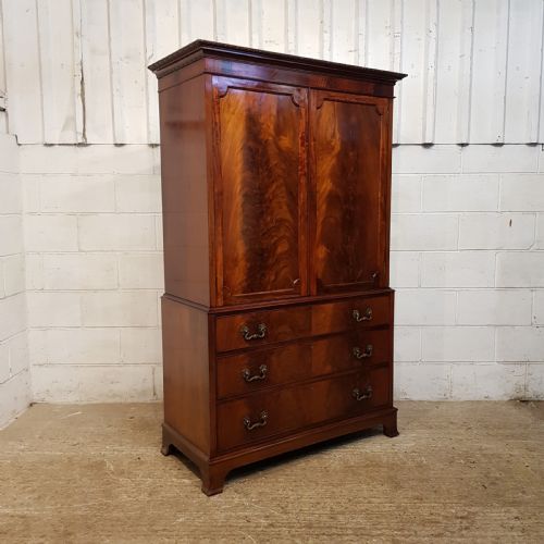 fig 1. ANTIQUE EDWARDIAN FLAMED MAHOGANY CLOTHES PRESS BY DENBY & SPINKS C1900