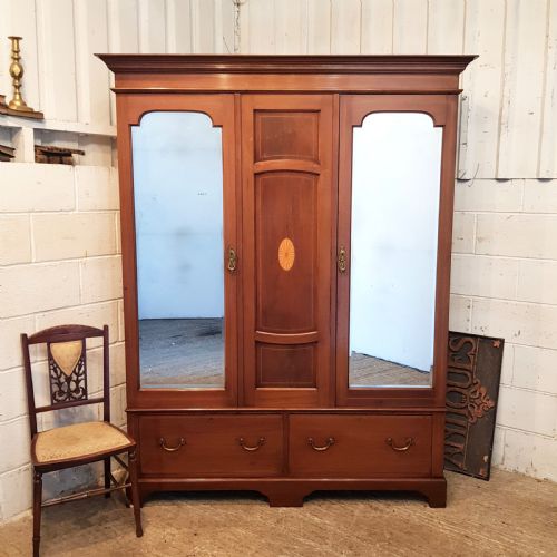 Antique Edwardian Inlaid Mahogany Triple Wardrobe 1900