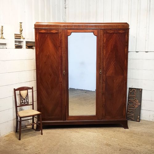 Antique Edwardian Inlaid Mahogany Triple Wardrobe C1900