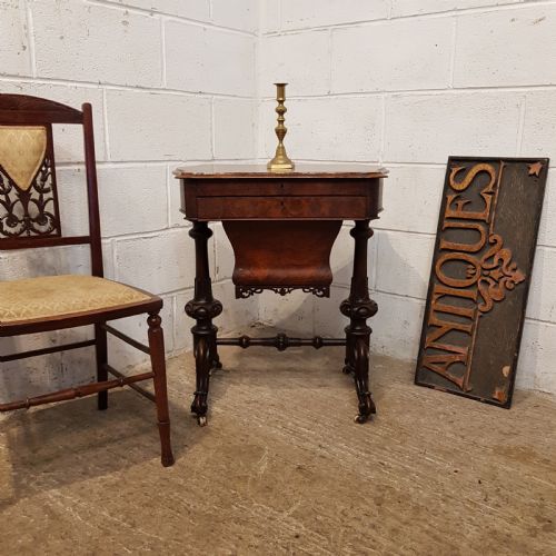 Antique Victorian Burr Walnut Work Table with Writing Slope C1880