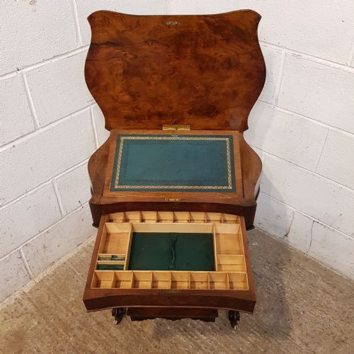 fig 2. ANTIQUE VICTORIAN BURR WALNUT WORK TABLE WITH WRITING SLOPE C1880