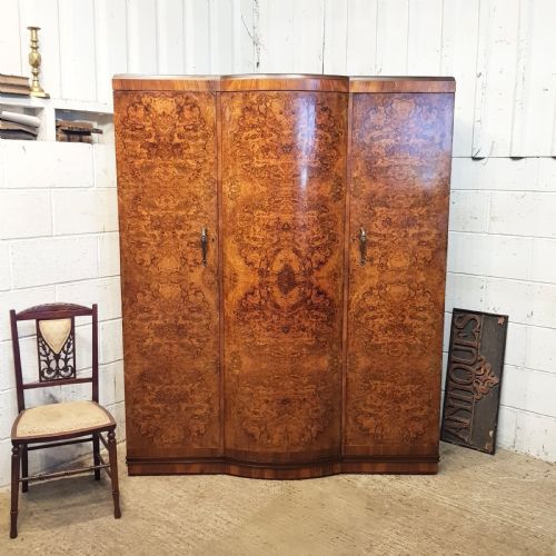 Antique Burr Walnut Serpentine Shaped Triple Wardrobe C1920