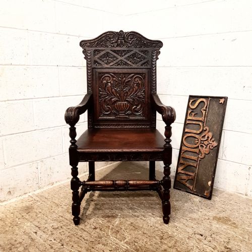 Antique Early Victorian Carved Oak Wainscot  Chair C1850