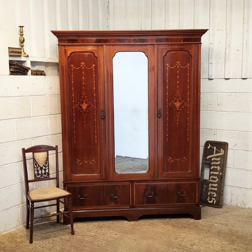 Antique Edwardian Inlaid Mahogany Triple Wardrobe C1900