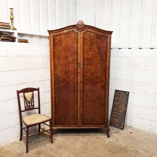 Antique Waring & Gillows  Burr Walnut Queen Anee Fitted Wardrobe C1920