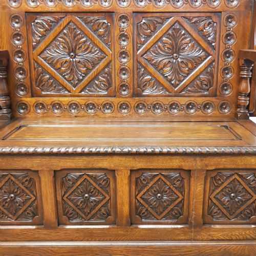 fig 1. ANTIQUE CARVED OAK MONKS BENCH C1920