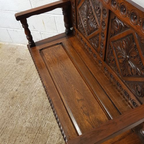 fig 2. ANTIQUE CARVED OAK MONKS BENCH C1920