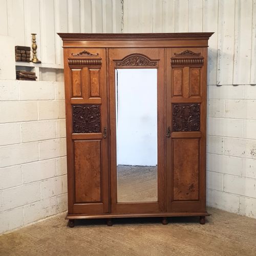 fig 1. ANTIQUE EDWARDIAN SMALL OAK & BURR WALNUT TRIPLE WARDROBE C1900