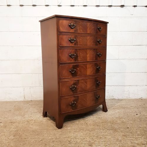fig 1. ANTIQUE TALL NARROW MAHOGANY BOW FRONT CHEST OF DRAWERS C1920