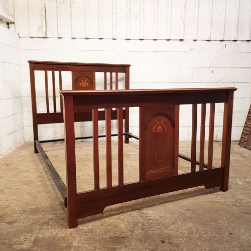 Antique Arts & Crafts Mahogany Inlaid Double Bed C1890