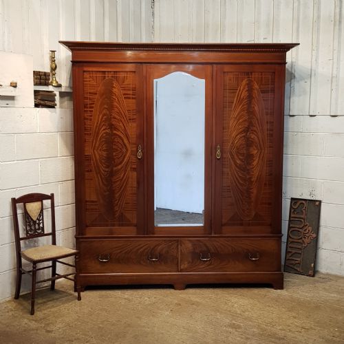 Antique Victorian Figured Mahogany Triple Wardrobe C1880