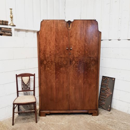 Antique Art Deco Burr Walnut Double Wardrobe C1920