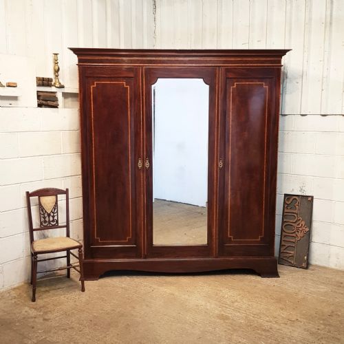 Antique Edwardian Inlaid Mahogany Triple Wardrobe by Maples & Co. C1900