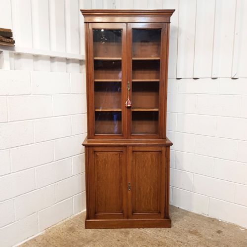 fig 1. ANTIQUE VICTORIAN TALL NARROW OAK LIBRARY BOOKCASE C 1880