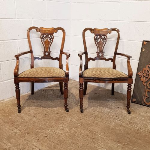 Pair Antique Victorian Chippendale Inlaid Rosewood Salon Chairs C1880