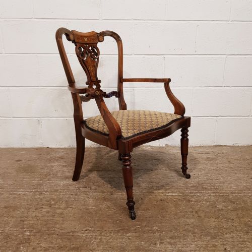 fig 1. PAIR ANTIQUE VICTORIAN CHIPPENDALE INLAID ROSEWOOD SALON CHAIRS C1880