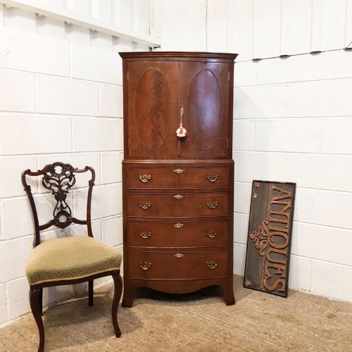 Antique Small Bow Front Mahogany Cabinet on Chest of Drawers C1920