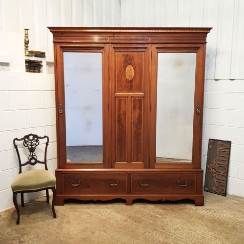 Antique Late Victorian Inlaid Mahogany Triple Wardrobe C1890