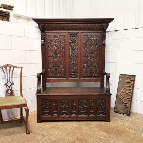 Antique Victorian Carved Oak High Backed  Box Settle C1880