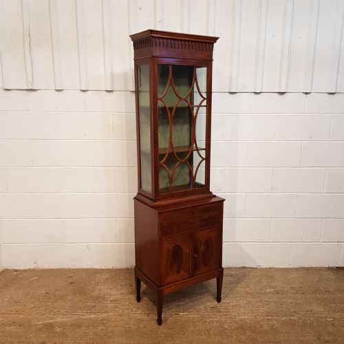 fig 1. ANTIQUE EDWARDIAN TALL NARROW ASTRAGAL GLAZED MAHOGANY CABINET C19