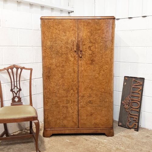 Antique Art Deco Burr Walnut Small Wardrobe C1920