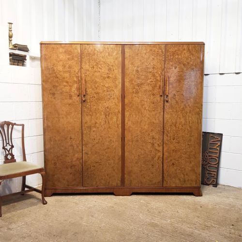 Antique Art Deco Burr Walnut Four Door Fitted Wardrobe C1920