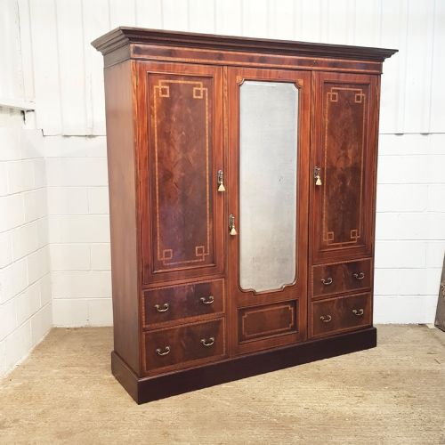 Antique Edwardian Inlaid Mahogany Triple Wardrobe C1900