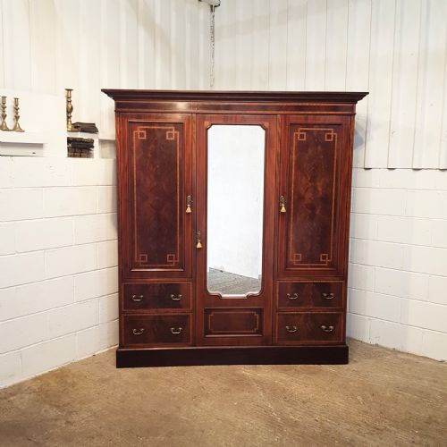 fig 1. ANTIQUE EDWARDIAN INLAID MAHOGANY TRIPLE WARDROBE C1900