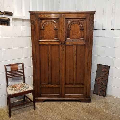 Antique Carved Oak Double Wardrobe C1920