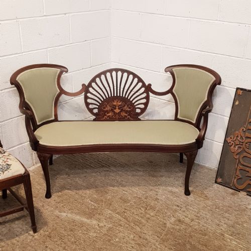 Antique Art Nouveau Inlaid Mahogany Salon Triple Chair Sofa C1890