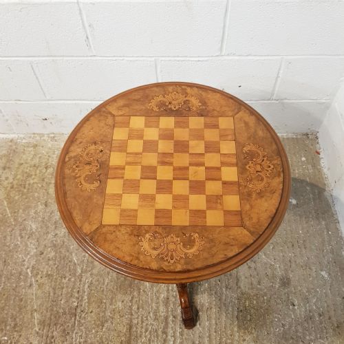 fig 2. ANTIQUE VICTORIAN INLAID BURR WALNUT TRIPOD GAMES TABLE C1880